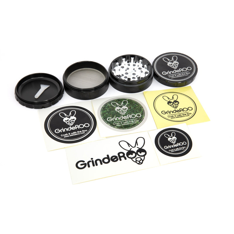 GrindeROO 4-Piece Metal Herb Grinder + Sticker Pack Bundle